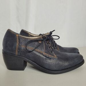 DKODE Women's Block Heel Lace Up Ankle Bootie Blue Leather with Shimmer - 8.5